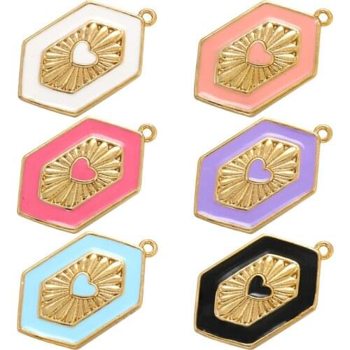 ZHUKOU gold geometric Hexagon Heart Enamel Pendant DIY handmade Dripping oil charms for Necklace jewelry accessories VD960