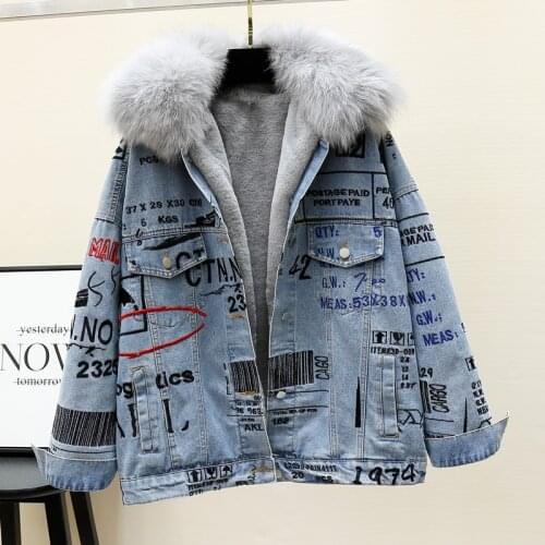 Winter Fashion Women Warm Coat Natural Fox Fur Collar+Real Rabbit Hair Liner Denim Jacket Female Thicken Loose Fur Outwear
