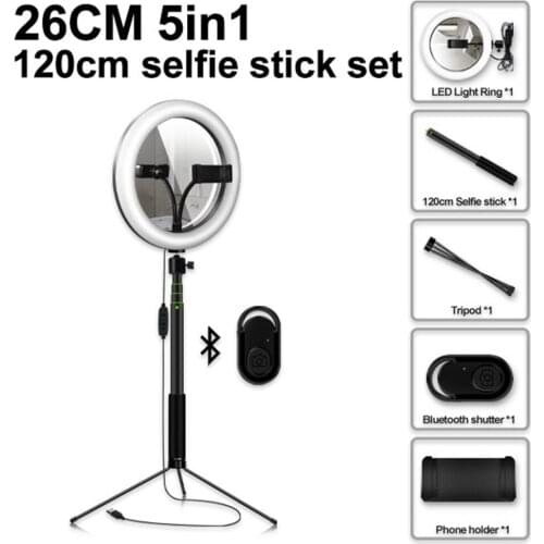 26CM Fill Light Selfie With Mirror Stick Tripod Mobile Phone Clip Remote Control Desktop Ground Ring Light Set For Live Videos