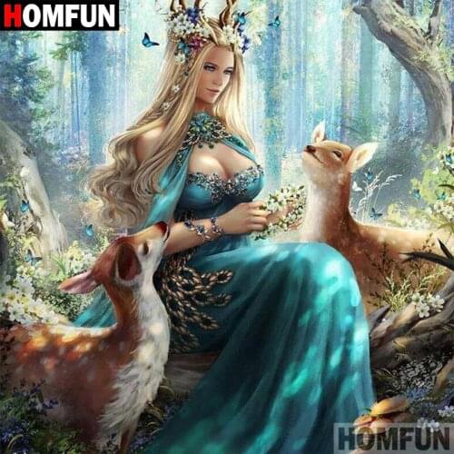 HOMFUN 5D DIY Diamond Painting Full Square/Round Drill "Woman deer" 3D Embroidery Cross Stitch gift Home Decor A02215