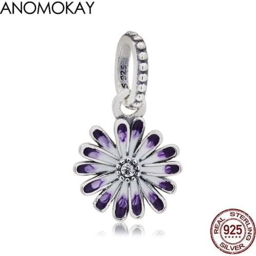 Anomokay Classic Purple Little Daisy Charm Pendant for DIY Silver Jewelry 100% Sterling 925 Silver Flower Beads Pendant