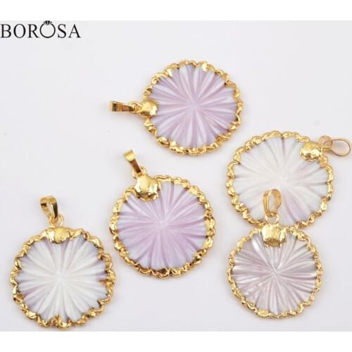 BOROSA Jewelry 10Pcs Gold Trim Natural White Shell Pendant Hand-caved Round Flower Pattern Pendant for Earring Jewelry G1896
