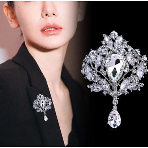 Brand High Quality Large Crystal Teardrop Brooch Pins for Women or Wedding in Silver Color or Gold Colors