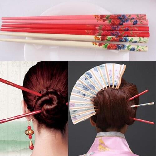 Flower Handmade Ethnic Style Bride Vintage Painting hairpin Print Japanese hairpin Hair stick Colorful Natural Wood 2PCS