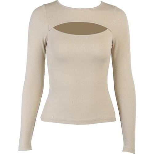 Women Sexy Chest Hollow Out Long Sleeve Round Neck Slim Knitwear Basic Blouse