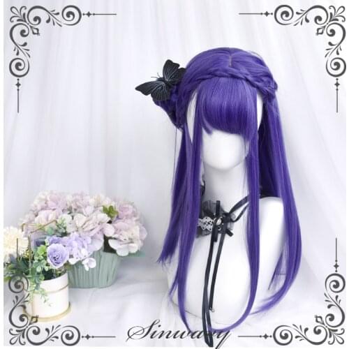 Purple Lolita Wig Harajuku Fairy Cosplay Fringe Bangs 55cm Long Sweet Hair Adult Girls Synthetic Hair