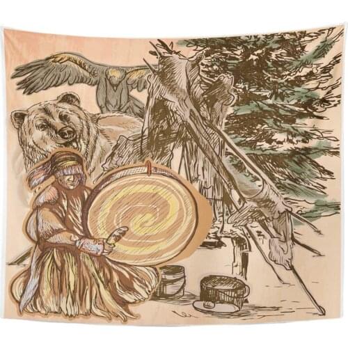 Tapestry Wall Hanging Polyester Fabric Shaman Native Man Drum Drummer Sitting in The Forest Near Him are Grizzly Bear