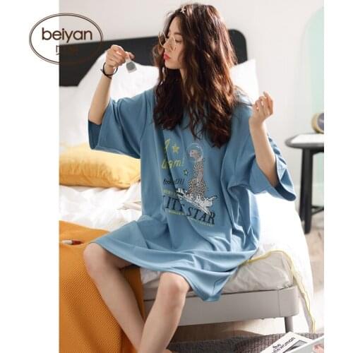 Cotton Short Sleeve Pajamas Female Nightgown Blue Colour Household Set