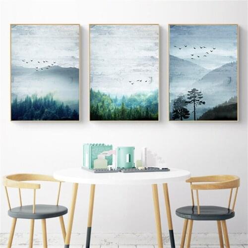 Large Foggy Forest Flying Birds Canvas Prints Nordic Landscape Mountain Poster Wall Art Picture for Living Room Bedroom Decor