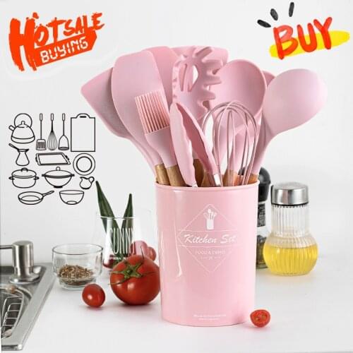 Kitchen Utensils Cooking Kitchenware Tool Silicone Utensils With Wooden Handle Non-Stick Spatula Egg Beaters Shovel Cookware Set