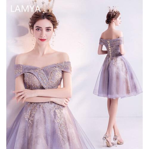 LAMYA Elegant Golden Sequined Prom Dresses Boat Neck Evening Party Dress Knee Length Ball Gown Formal Gown Beads Robe De Soiree
