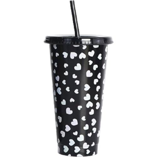 Color Changing Cups with Lids and Straws Reusable BPA Free Cold Drink Cups Heart Shape Pattern for Kids 701-800ml LBShipping