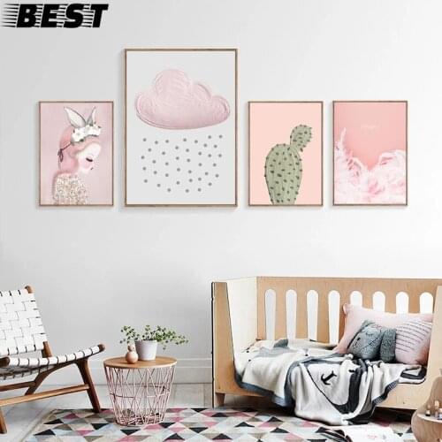 Cartoon Pink Cactus Clouds Nursery Decor Girls Style Canvas Painting Posters and Prints Wall Art Pictures for Bedroom Home Decor