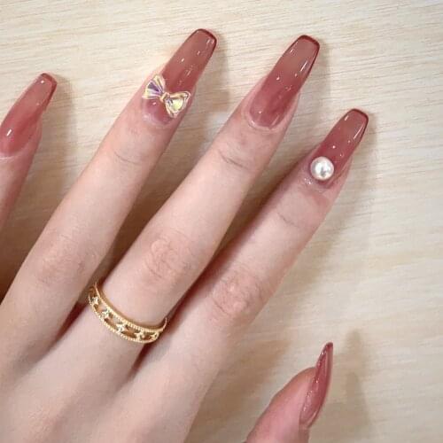 24pcs/Set Long Coffin Fake Nails Cute Wine Bowknot Decal Wedding Bride Ballerina Nail Art Tips with Glue Faux Ongles