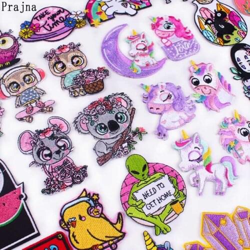 Prajna Cartoon Unicorn Koala Patch Stripe Embroidered Patches for Kid Clothes Owls Stickers Badges Cute Parches Iron on Patches