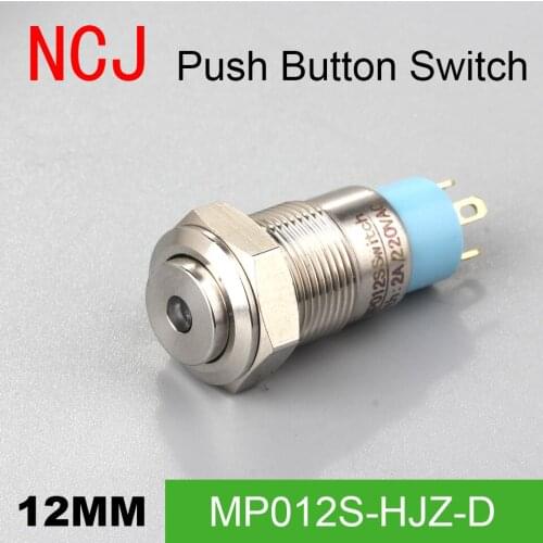 NCJ 12mm diameter 2 pins switch button Metal Push Button Switch IP67 Maintained Alternate With LED lamp center lamp 2A