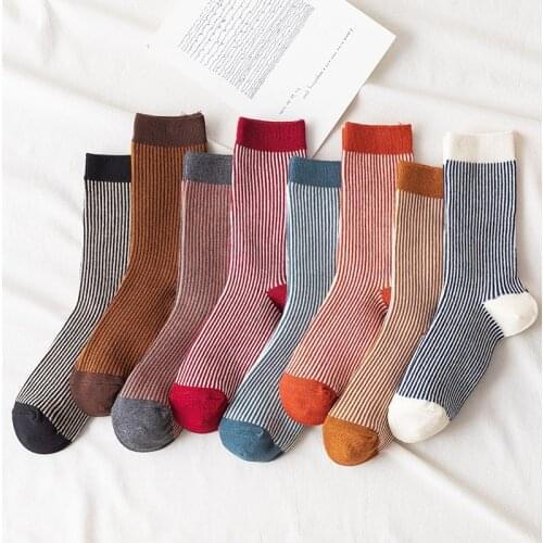 Solid Casual Striped Cotton Long Socks Women Autumn Winter Fashion Crew Socks Harajuku Retro Streetwear Girls Kawaii Woman Socks