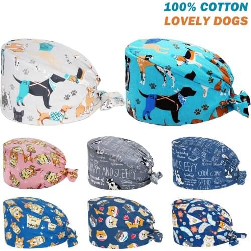 Wholesale Surgicals Cap Cotton Dogs Printing Pet Shop Clinic Beauty Salon Nursing Hats Adjustable Nurse Accessories Scrub Caps