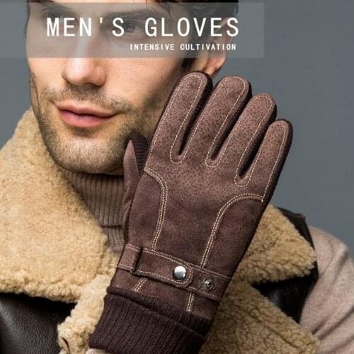 Mens Gloves Warm Pigskin Leather Gloves touch screen keep warm windproof with thick cotton ride outdoor motorcycles gloves