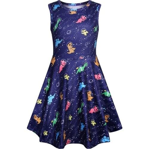 Baby Girls Navy Dress Cute Cartoon Dinosaur Universe Printed Summer Dress Sleeveless 2020 New Casual Princess Dress Age For 3-7Y