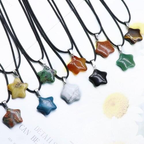 10pcs Five-pointed Star Pendants & 10pcs Leather Rope Natural Stone Pendants Necklace Energy Pendulum For Jewelry Making 21*17mm