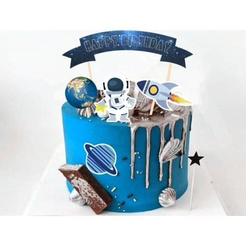 Space Series Astronaut Planet UFO Rocket Earth Themed Party Cake Topper Dessert Happy Birthday Childrens Day Party Decorations
