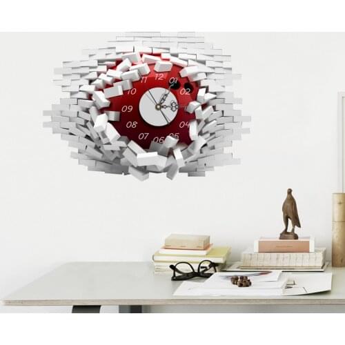 Broken Wall Novelty Silent Movement Wall Clock Fancy Wall Watch 3D Self Adhesive Sticker For Livingroom Bedroom Home Decor Decal