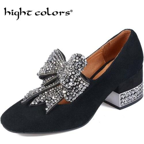 Bow Crystal kitten suede diamond Pumps size 34~39 european medium heels black rhinestone kawaii Square toe shoes women Xds9-57