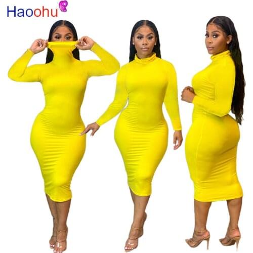 HAOOHU Sexy Plus Size Long Sleeve Bodycon Midi Dress Fall Clothes for Women Elegant Turtleneck Vestido Night Club Party Dresses