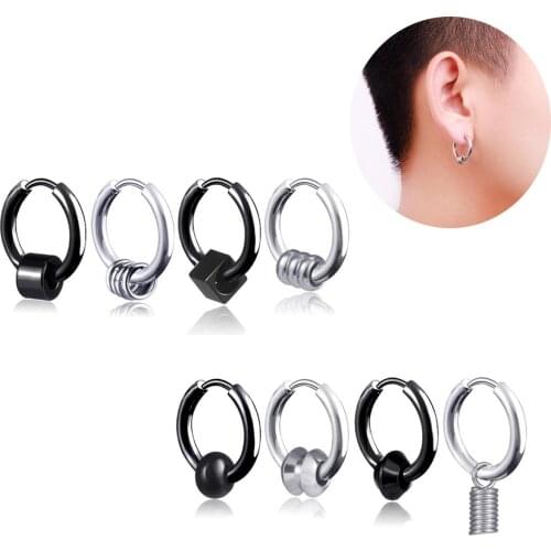 Unisex Punk Black/Silver Color Round Circle Earings Stainless Steel Huggie Hoop Earrings for Men Women Korean Hip Hop Jewelry