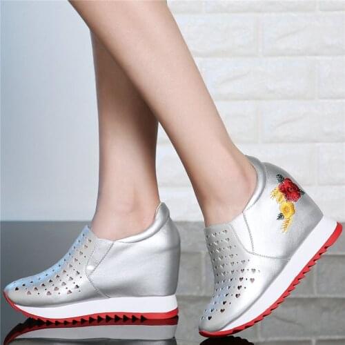 Platform Pumps Shoes Women Hollow Genuine Leather Wedges High Heel Ankle Boots Female Round Toe Fashion Sneakers Casual Shoes