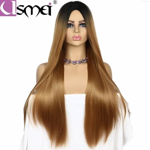 USMEI 30 inch blonde long wig synthetic for women two style black root ombre wig straight golden brown for lady cosplay hair