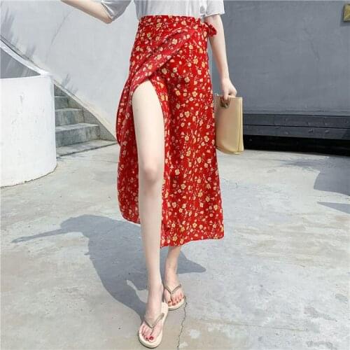 Women Skirt Summer Fashion Sexy High Waist Irregular Split Bandage Wrap Pencil Skirts Casual Floral Print Women Slim Boho Skirts