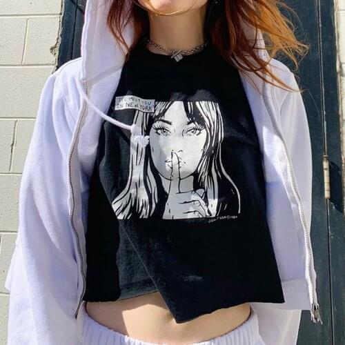 Vintage Girls Print Cotton T Shirt Women 2021 Summer Black Cotton Soft Short Sleeve Tee Shirt Femme Casual Loose Crop Top Chic