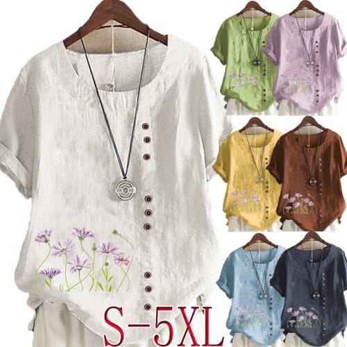 Womens New Fashion Linen Shirt Round Neck Short Sleeve Floral Print T-shirt Summer Ladies Casual Plus Size Top