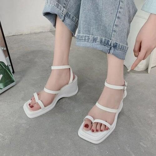 European and American 2021 summer new thick sole slope heel clip toe sandals fairyland style high heel square shoes high quality