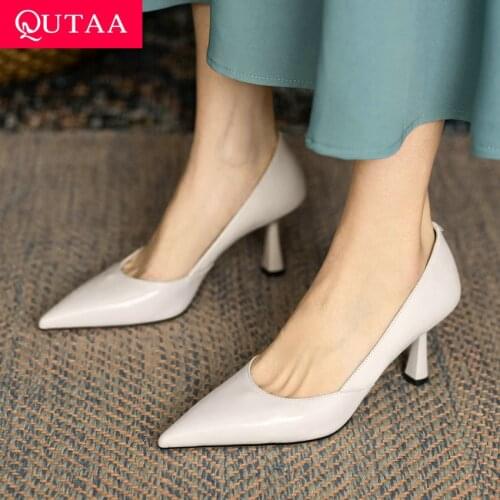 QUTAA 2021 Wedding Spring Summer Women Shoes Fashion Thin High Heels Genuine Leather Pointed Toe Dress Female Pumps Size 34-39