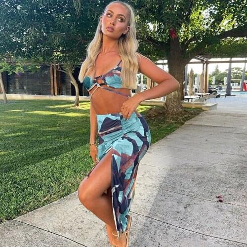 Women Sexy Two-piece Set Blue Irregular Printed Pattern Crop Tops and Drawstring Slit Skirts Party Nightclub Clothes S/ M/ L