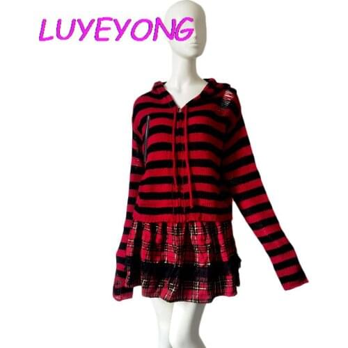 Sweet Pink White Red Lovely Knitted Sweater Korean Fashion Y2k Girl Zipper Hollow Out Gothic Lady Striped Short Hooded Sweater