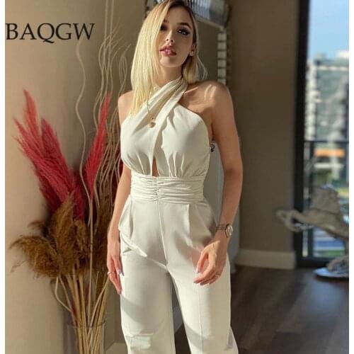 Vintage Halter Tops Women Jumpsuit Sexy Backless High Waist Wide Leg Pants Rompers Office Lady Party Jumpsuit for Female Elegant