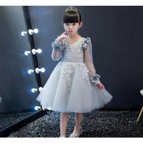 2017 New Arrival Silver Chiffon Flower Princess Girl Dress Baptism Party Wedding Birthday Gown Kids tutu Dresses 1-12Y