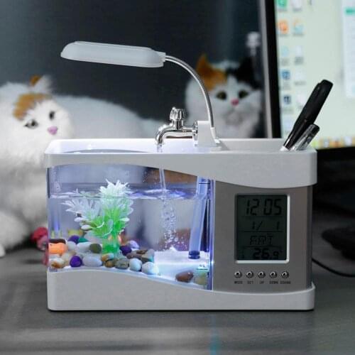 2021 DIY USB Desktop Mini Aquarium Fish Tank Clock Fish Tank Decoration with Pebbles with LCD Display Screen