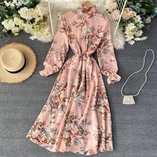 2021 Vintage Floral Print Stand collar Chiffon Dress Spring Summer Midi Long Party Women elastic waist Vestido elegant dress