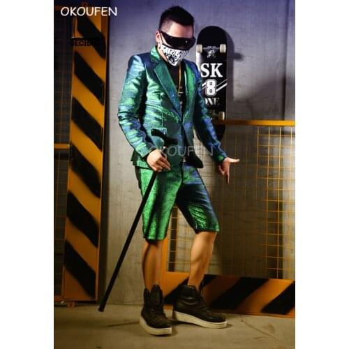 Shiny Green Man Slim Suits Costumes bar singer nightclub DJ stage performance wear Party show dance dress wear