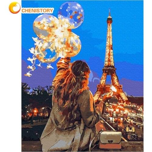 CHENISTORY 60x75cm Frame Painting By Numbers For Adults Girl In Paris City Night Scenery Oil Picture By Number HandPainted Diy G