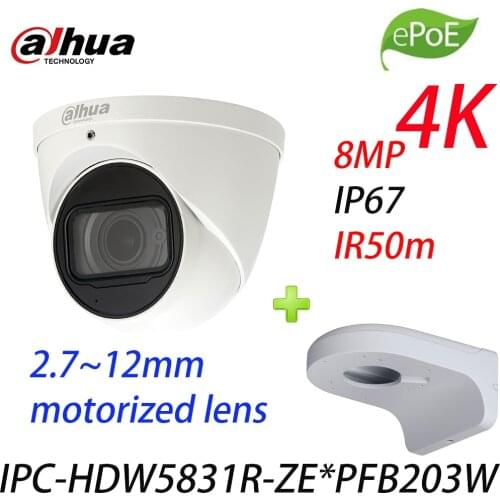 Dahua IPC-HDW5831R-ZE 4K 8MP POE 2.7mm ~ 12mm motorized IR50m IP67 Built-in SD camera Mic IPC-HDW5231R-ZE and wall mount PFB203W
