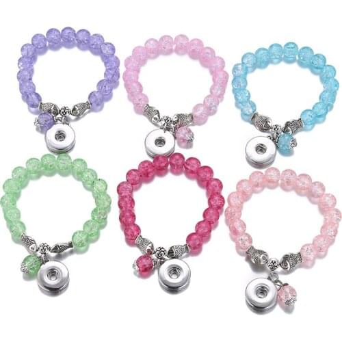 New Beauty fashion Glass Transparent Cracked beads Lucky Fish elastic snap bracelets bangle for 18mm snap buttons AB0076