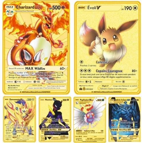 Hot New Pokemon French Metal Card Game Anime Fighting Card Gold Lizard Pikachu Collection Card Action Doll Model Childrens Toys