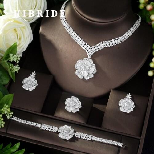 HIBRIDE Elegant New Flower Shape Bridal Jewelry Sets Sparkling AAA+ Zirconia Paved Cute Necklace Bracelet Earring Ring Set N-970