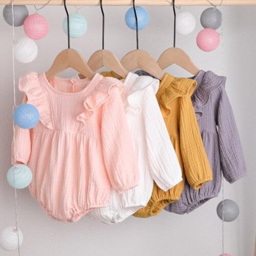 New Born Baby Girl Romper Cotton Soft Casual Cute Button Long Sleeve Ruffles Solid Baby Rompers Autumn Winter Baby Clothes 3-12M